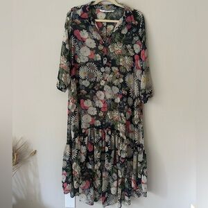 Zara Floral transparent boho blogger Midi Shirt Duster Dress Navy M